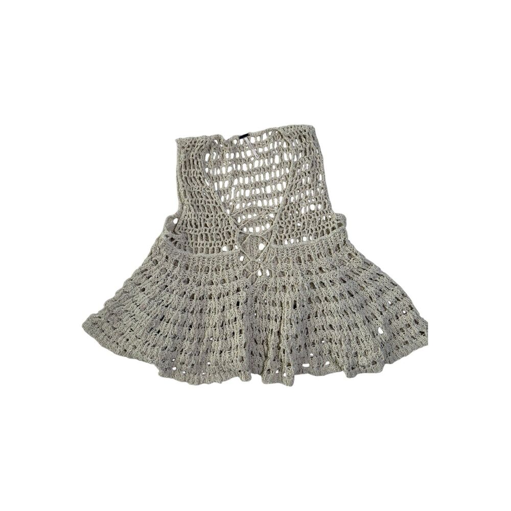 Free People Cream Open-Knit Crochet Lace-Up Front Flared Boho Fairy Grunge Top M - Picture 2 of 7